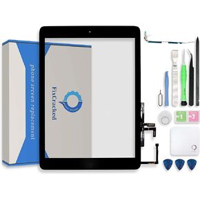 لجهاز iPad Air 1st (A1474 A1475 A1476) قطع غيار شاشة تعمل باللمس مجموعة زجاجية رقمية مع زر الصفحة الرئيسية، حامل الكاميرا، لاصق مثبت مسبقًا ومجموعة أدوات احترافية (أسود) in Kuwait