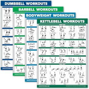 Palace Learning 4 Pack - Dumbbell Workouts + Barbell Workouts + Bodyweight Workouts + Kettlebell - Set of 4 Workout Charts (18" x 24", LAMINATED)