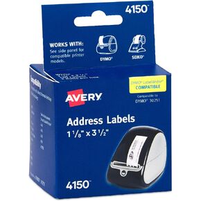 Avery Direct Thermal Address Labels, 1-1/8" x 3-1/2", White, Comparable to DYMO 30251, 130 Blank Labels per Roll, 2 Rolls of Labels, 260 Printable Labels Total (4150)
