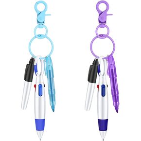 Sabary Mini Highlighter Nurse Pen Pack Set Nurse Pens for Badge Include Pink and Purple Tip Highlighter 2 Permanent Marker and 2 Retractable Ball with 2 Keychain Clip(Pink, Purple)