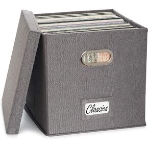 ZICOTO Decorative Vinyl Record Storage Box for 50+ Single Records - Sturdy and Easy to Carry LP Holder with Lid - The Perfect Storage Crate for Your Valuable Album Collection
