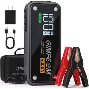 GIMFOOM Jump Starter، بطارية السيارة 4000 أمبير مع شاحن حائط (محركات غاز 10 لتر ومحرك ديزل 10 لتر)، حزمة بطارية 12 فولت مع شاشة ذكية 3.4 بوصة، صندوق القفز مع ضوء LED 400 لومن
