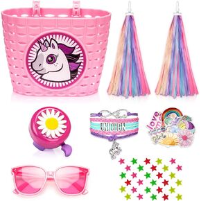 Suerico Kids Bike Basket for Girls,Handlebar Bicycle Basket with Unicorn Bracelet,Bike Bell, Streamers, Stickers,Riding Sunglasses,Bike Decoration Accessories Set for Girls
