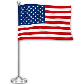 G128 American USA Deluxe Desk Flag Set | 8.5x5.5 In | Printed 300D Polyester, with Silver Dome and Base, 15" Metal Pole, Decorations For Office, Home and Festival Events Celebration