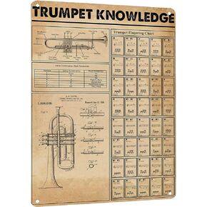 HYBLOM Trumpet Fingering Chart & Knowledge Metal Sign - Tin Poster for Music Lovers - Vintage Trumpet Wall Art for Home, Studio, & Classroom Decor - Gift for Musicians, 12x16 Inches