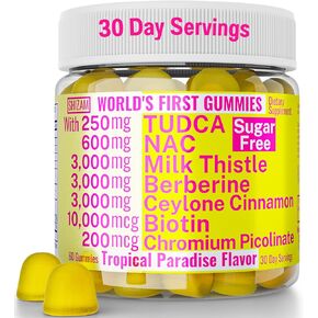 Sugarless Gummies with Chromium Picolinate TUDCA NAC Organic Ceylon Cinnamon Milk Thistle Berberine | Capsules Powder Supplements Alt | Bile Salts N-Acetyl-L-Cysteine Biotin N-Acetylcysteine 600-mg