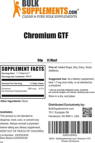 BulkSupplements.com مسحوق الكروم GTF، كروم بولينيكوتينات - مسحوق الكروم GTF لدعم العضلات والمزاج، مكملات الكروم، خالية من الخميرة، 1000 ميكروجرام من الكروم، 250 جم (8.8 أونصة) in Saudi Arabia