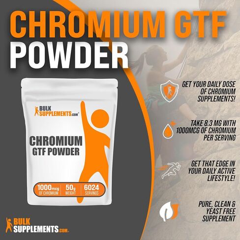 BulkSupplements.com مسحوق الكروم GTF، كروم بولينيكوتينات - مسحوق الكروم GTF لدعم العضلات والمزاج، مكملات الكروم، خالية من الخميرة، 1000 ميكروجرام من الكروم، 250 جم (8.8 أونصة) in Saudi Arabia