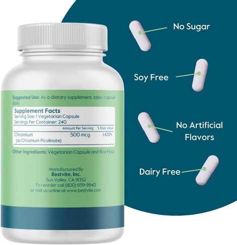 BESTVITE Chromium Picolinate 500mcg (240 كبسولة نباتية) - بدون ستيرات - بدون فوسفات ثنائي الكالسيوم - نباتي - خالي من الغلوتين - غير معدّل وراثيًا in Saudi Arabia