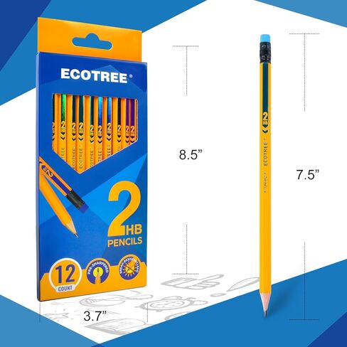 أقلام رصاص ECOTREE #2 أقلام رصاص HB ذات غلاف خشبي، أقلام رصاص رقم 2 مبري مسبقًا للوازم المدرسية المكتبية، أصفر، 24 قطعة in Saudi Arabia