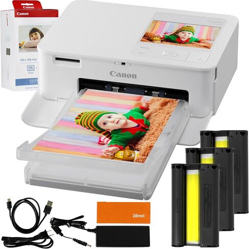 طابعة صور ZDIRECT Selphy CP1500 (أبيض) لاسلكية صغيرة الحجم، طابعة صور محمولة فورية مطبوعات 4x6 - حزمة طابعة صور iPhone/الهاتف + حبر ملون KP-108IN/مجموعة ورق 108 + قماش ألياف، USB in Kuwait