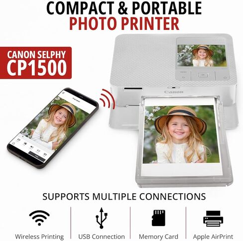طابعة صور ZDIRECT Selphy CP1500 (أبيض) لاسلكية صغيرة الحجم، طابعة صور محمولة فورية مطبوعات 4x6 - حزمة طابعة صور iPhone/الهاتف + حبر ملون KP-108IN/مجموعة ورق 108 + قماش ألياف، USB in Kuwait