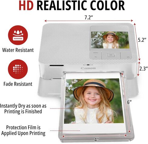 طابعة صور ZDIRECT Selphy CP1500 (أبيض) لاسلكية صغيرة الحجم، طابعة صور محمولة فورية مطبوعات 4x6 - حزمة طابعة صور iPhone/الهاتف + حبر ملون KP-108IN/مجموعة ورق 108 + قماش ألياف، USB in Kuwait