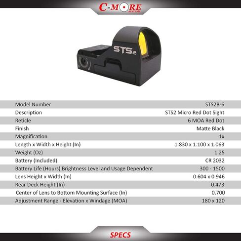 C-MORE Systems Micro Red Dot Sight STS2B، تكبير 1x، مصنوع من الألومنيوم بدرجة الطائرات، يضبط للرياح والارتفاع، فائق السطوع، مناسب لجميع الأحوال الجوية، مقاوم للماء، خفيف الوزن، أسود غير لامع in Saudi Arabia