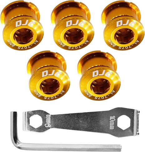 DJC Bike Chainring Bolts Aluminum 5pcs in Pack, with M5 hex Wrench and Install Tool Wrench (Aluminum Golden, Single Chainring Bolts) in Saudi Arabia
