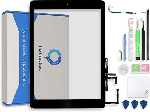 لجهاز iPad Air 1st (A1474 A1475 A1476) قطع غيار شاشة تعمل باللمس مجموعة زجاجية رقمية مع زر الصفحة الرئيسية، حامل الكاميرا، لاصق مثبت مسبقًا ومجموعة أدوات احترافية (أسود) in Kuwait