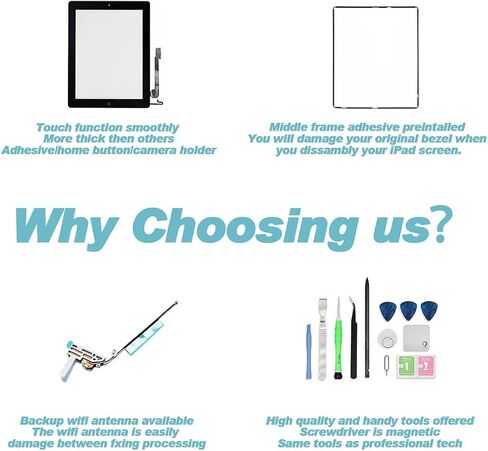لجهاز iPad Air 1st (A1474 A1475 A1476) قطع غيار شاشة تعمل باللمس مجموعة زجاجية رقمية مع زر الصفحة الرئيسية، حامل الكاميرا، لاصق مثبت مسبقًا ومجموعة أدوات احترافية (أسود) in Kuwait