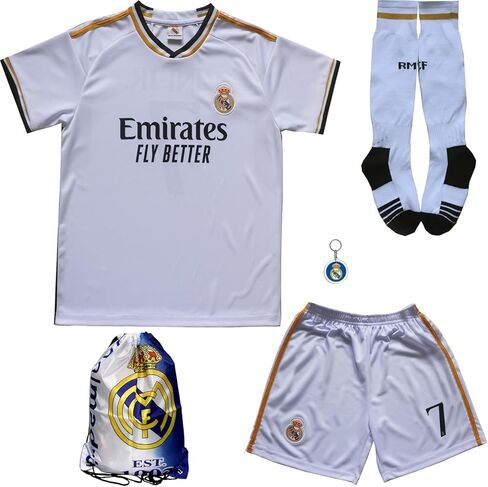 2023/2024 New Vini Jr. No #7 Madrid Home White Kids Soccer Jersey Kit مجموعة جوارب قصيرة مقاسات الشباب (أبيض، 12-13 عامًا) in Kuwait