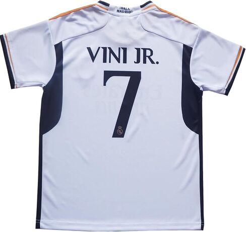 2023/2024 New Vini Jr. No #7 Madrid Home White Kids Soccer Jersey Kit مجموعة جوارب قصيرة مقاسات الشباب (أبيض، 12-13 عامًا) in Kuwait