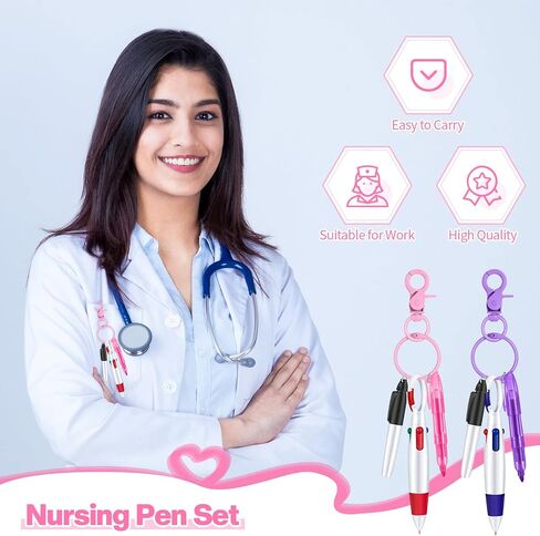 مجموعة أقلام تمييز صغيرة للممرضة للشارة تتضمن قلم تمييز بطرف وردي وأرجواني 2 قلم تحديد دائم وقلم كرة قابل للسحب مع 2 مشبك سلسلة مفاتيح للرضاعة (وردي، أرجواني) in Saudi Arabia