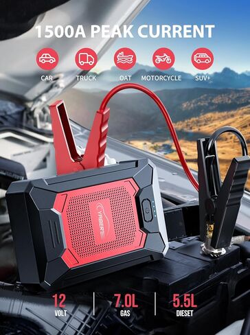 YABER Car Jump Starter 1500A بطارية السيارة المحمولة Jump Starter (7.0 لتر غاز/5.5 لتر ديزل) صندوق قفز بطارية 12 فولت مع كابلات القفز الآمنة الذكية، مصباح يدوي LED، حجم صغير in Kuwait