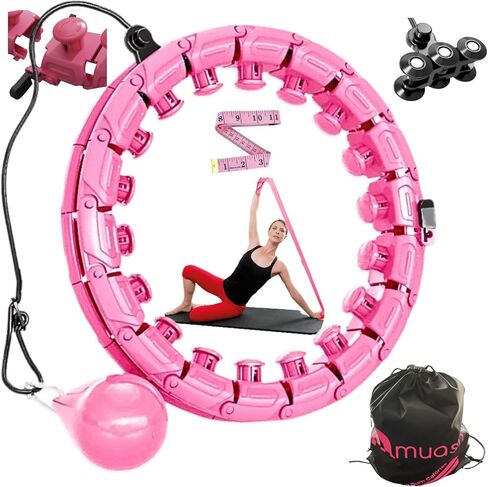 هولا هوب المرجح للبالغين | 28 عقدة | طوق هولا قابل للتعديل مع شريط بوصة إضافية، وشريط مطاطي، وعجلة احتياطية وعقدة قفل في حقيبة حمل ذكية | كرة جاذبية ناعمة بزاوية 360 درجة للياقة البدنية وفقدان الوزن in Kuwait