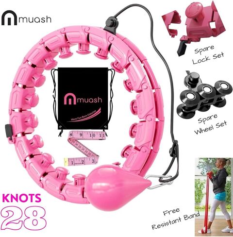 هولا هوب المرجح للبالغين | 28 عقدة | طوق هولا قابل للتعديل مع شريط بوصة إضافية، وشريط مطاطي، وعجلة احتياطية وعقدة قفل في حقيبة حمل ذكية | كرة جاذبية ناعمة بزاوية 360 درجة للياقة البدنية وفقدان الوزن in Kuwait