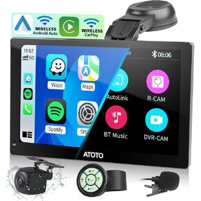 Wireless Carplay Android Auto Touchscreen for Car - P5 Portable Car Stereo Receiver with 1080P Backup Camera,SWC, ATOTOEXCEL GPS Navigation, 7 Inch QLED Glare-Suppressing Carplay Radio, Mirrorlink