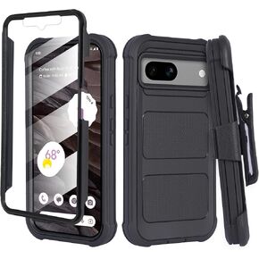 Designed for Google Pixel 8a (2024) Case with Belt Clip Holster, Built-in Screen, Anti-Drop, Shockproof, with Kickstand, Heavy Duty Protection (Black)