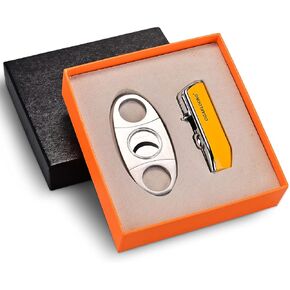 Cigar Cutter and Lighter Set Yellow Double Blade Simple Cigar Guillotine and 3 Jet Torch Blue Flames Refillable Lighter with Gift Box