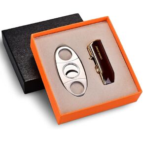 Cigar Cutter and Lighter Set Yellow Double Blade Simple Cigar Guillotine and 3 Jet Torch Blue Flames Refillable Lighter with Gift Box