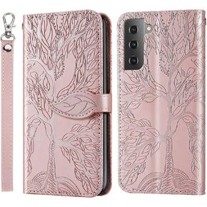 MEUPZZK Samsung Galaxy S22 Plus Case, Samsung S22+ Wallet Case, Embossed Tree Premium PU Leather [Kickstand] [Card Slots] [Wrist Strap] [6.6 inch] Phone Cover for Samsung S22 Plus (R-Black)