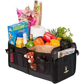Convertible Large 3 Compartment SUV Trunk Organizer | Grocery Organizer w Tie Down Straps and Insulated Leakproof Cooler Bag for Cars, Trucks and SUVs. PATENTED (4-in-1 w/Cooler, Black)