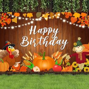 4x6FT Fall Thanksgiving Happy Birthday Backdrop Banner,Thanksgiving Birthday Party Photography Background,Fall Thanksgiving Birthday Party Decor