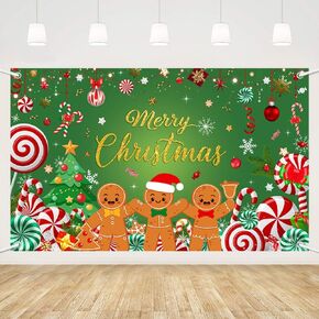 MEHOFOND Christmas Candy Banner, Peppermint Candy Cane Gingerbread Man Merry Christmas Backdrop for Xmas Eve Holiday Birthday Party Decorations Photography Background 5.9x3.6ft