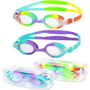 Kids Swim Goggles with Cases, 2 Packs No Leaking Anti Fog Swimming Goggles 180° Clear View Kids Goggles