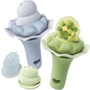 Moonkie Baby Fruit Feeder with Freezer Tray | BPA Free Silicone Infant Food Feeder | Fun Rattle Sound Handle | Two Sizes Pouches and Breastmilk Popsicle Molds | 4 Months+ Introduce New Foods, 1 Pack