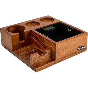 IKAPE V3 Espresso Knock Box, 54MM Espresso Coffee Organizer Box Fit for Storage 51 to 54MM Espresso Tamper and Distributor, Pure Natural Walnut Base with Special Portafilter Basket Station(4 In 1)