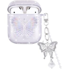 CameCosy Glitter Case for AirPods 2/1 with Pearl Bracelet Keychain, Cute Colorful Laser Rainbow Design Women Soft TPU Shockproof Protective Cover for Airpods 2nd Generation-Purple