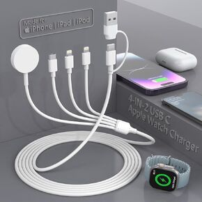 Charger Cable for Apple Watch/iPhone/Airpods Upgraded, 4 in 2 USB C Fast Apple Watch Charger iWatch Charging Cable for iWatch Series 3/4/5/6/7/8/9/SE/Ultra Portable Wireless Charger Cord (White)