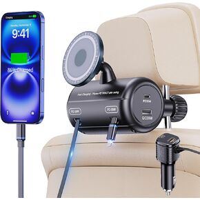 Backseat Retractable Car Charger Station,5-in-1 Headrest Charging Box 100W Max with Magsafe Car Mount Holder, 2-Port PD/QC Cigarette Lighter Adapter Ideal for All Phone/Taxi/Uber/Lyft/Driver,Rideshare