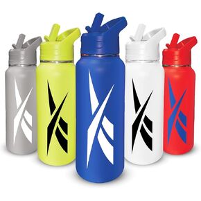 Reebok Stainless Steel Water Bottle With Straw Cap & Athletic Design - 32 oz - Double Wall Vacuum Insulated Sports Water Bottle With Straw, BPA Free (Grey with White Vector)