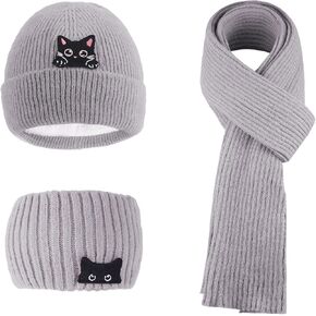 Women Winter Warm Knit Beanie Cat Hat,Cat Headband and Scarf Set, Cat Lover Gifts For Women, Cat Themed Gifts
