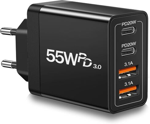 European Travel Plug Adapter USB C, 55W USB C European Charger 4-Port Fast Charger Type C Wall Charger USA to Europe Plug Adapter for iPhone 15 14 13 12 11 Pro Max XS X 8, Galaxy, Android in Kuwait
