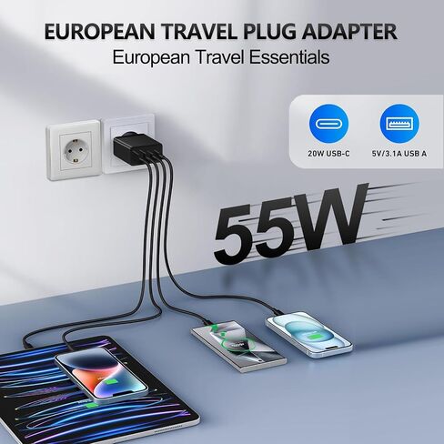 European Travel Plug Adapter USB C, 55W USB C European Charger 4-Port Fast Charger Type C Wall Charger USA to Europe Plug Adapter for iPhone 15 14 13 12 11 Pro Max XS X 8, Galaxy, Android in Kuwait