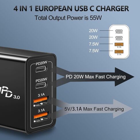 European Travel Plug Adapter USB C, 55W USB C European Charger 4-Port Fast Charger Type C Wall Charger USA to Europe Plug Adapter for iPhone 15 14 13 12 11 Pro Max XS X 8, Galaxy, Android in Kuwait