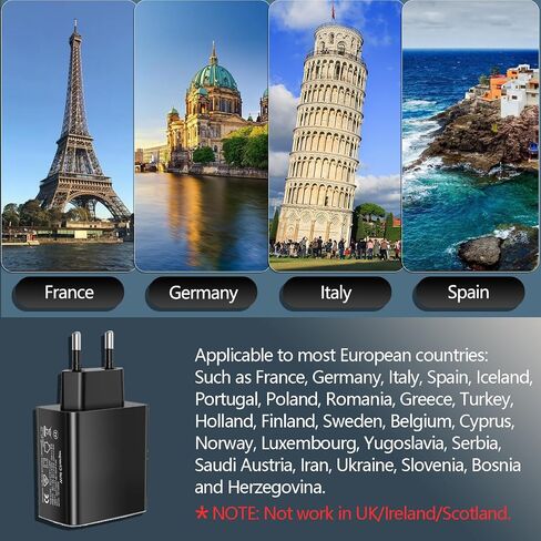 European Travel Plug Adapter USB C, 55W USB C European Charger 4-Port Fast Charger Type C Wall Charger USA to Europe Plug Adapter for iPhone 15 14 13 12 11 Pro Max XS X 8, Galaxy, Android in Kuwait