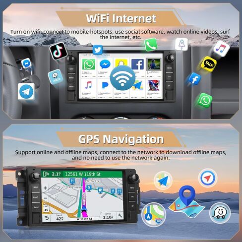 Car Stereo for Jeep Wrangler JK Dodge Chevrolet RAM 1500 Android Radio with Wireless A-pple CarPlay, 7" Touchscreen Stereo with WiFi, GPS, RDS/FM Radio, Bluetooth + Backup Camera & Mic 2+64G in Saudi Arabia