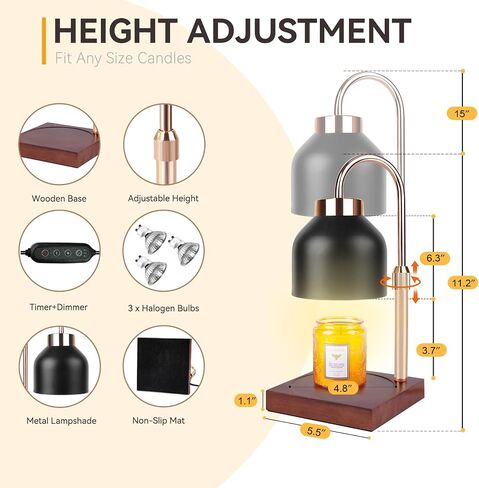 Candle Warmer Lamp with 3 Bulbs, Adjustable Height Dimmable Candle Warmer with Timer, Compatible with Large Jar Candles, Candle Lamp with Charming Gift Box Ribbon for Her/Him in Saudi Arabia