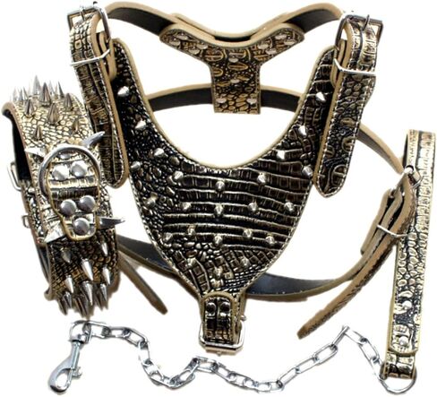 Leather Sharp Spiked Studded Dog Collars, Harnesses & Chain Leashes 3Pcs Matching Set for Medium & Large Dog Pit Bull,Mastiff, Boxer, Bull Terrier in Saudi Arabia